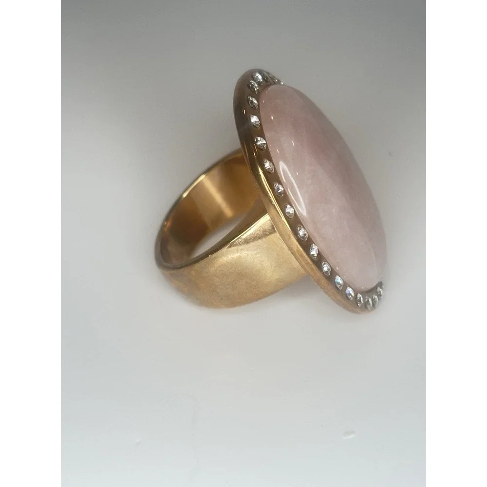 Huge Rose Quartz Cabochon Ring Size 9 Gold Tone Rhinestone Statement